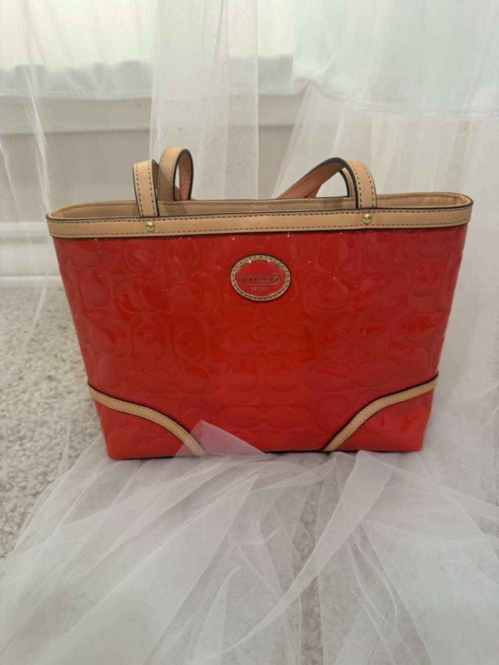 Coach Patent Leather Tote Bag in Orange with Tan Trim